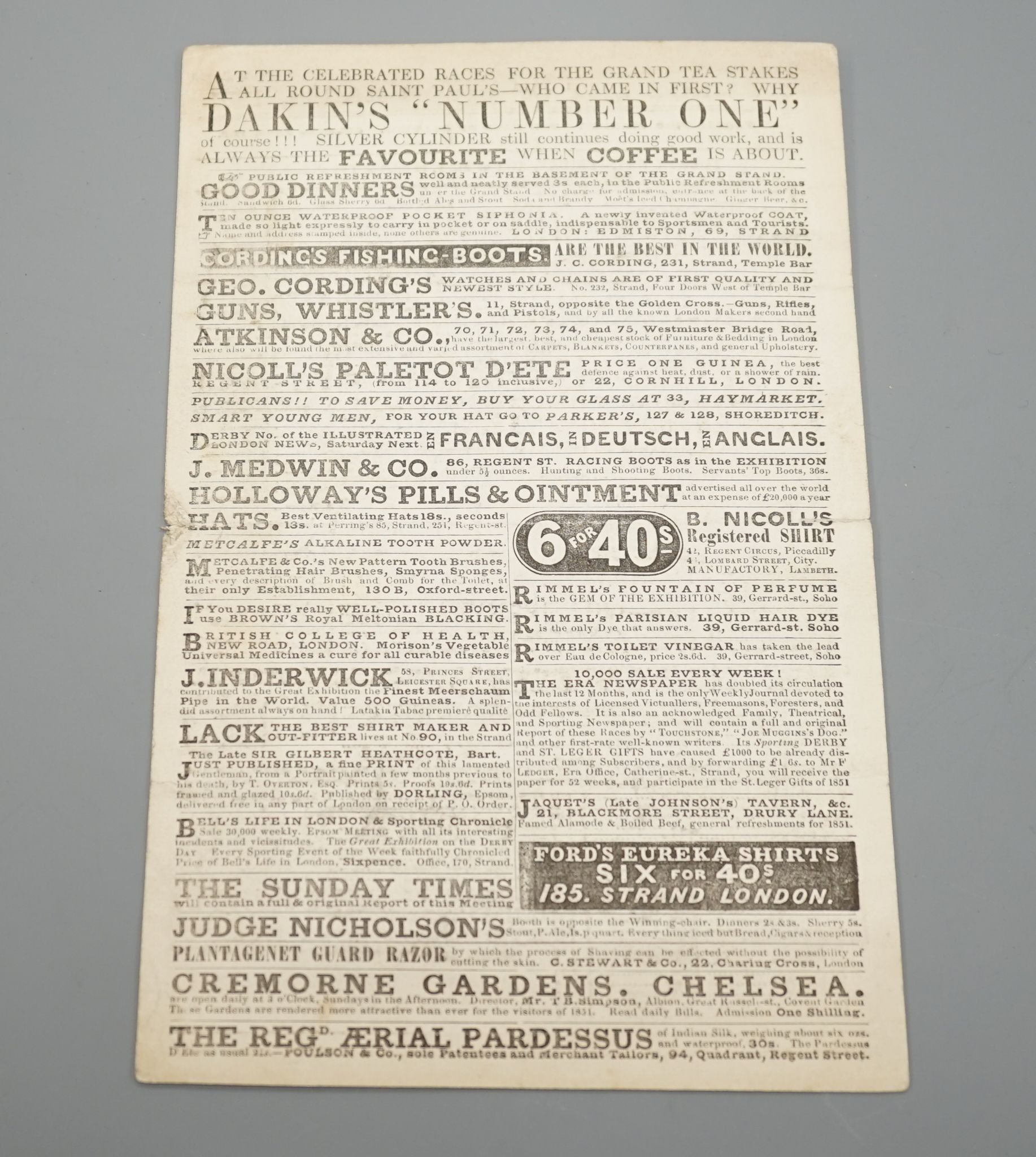 Dorling’s list of Epsom Races, 1851, Race card dated Friday 23rd May 1851